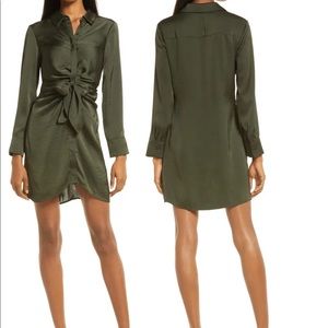 BB Dakota Tie Waist Long Sleeve Satin Shirt Dress
